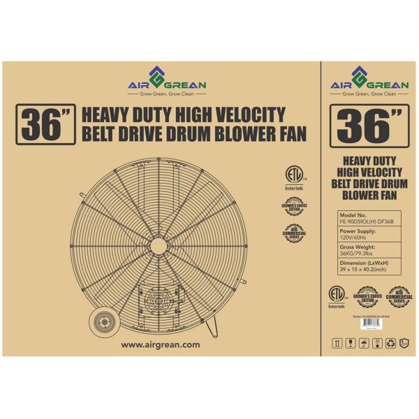 AirGrean Heavy Duty High Velocity Belt Drive Drum Blower Fan 36″