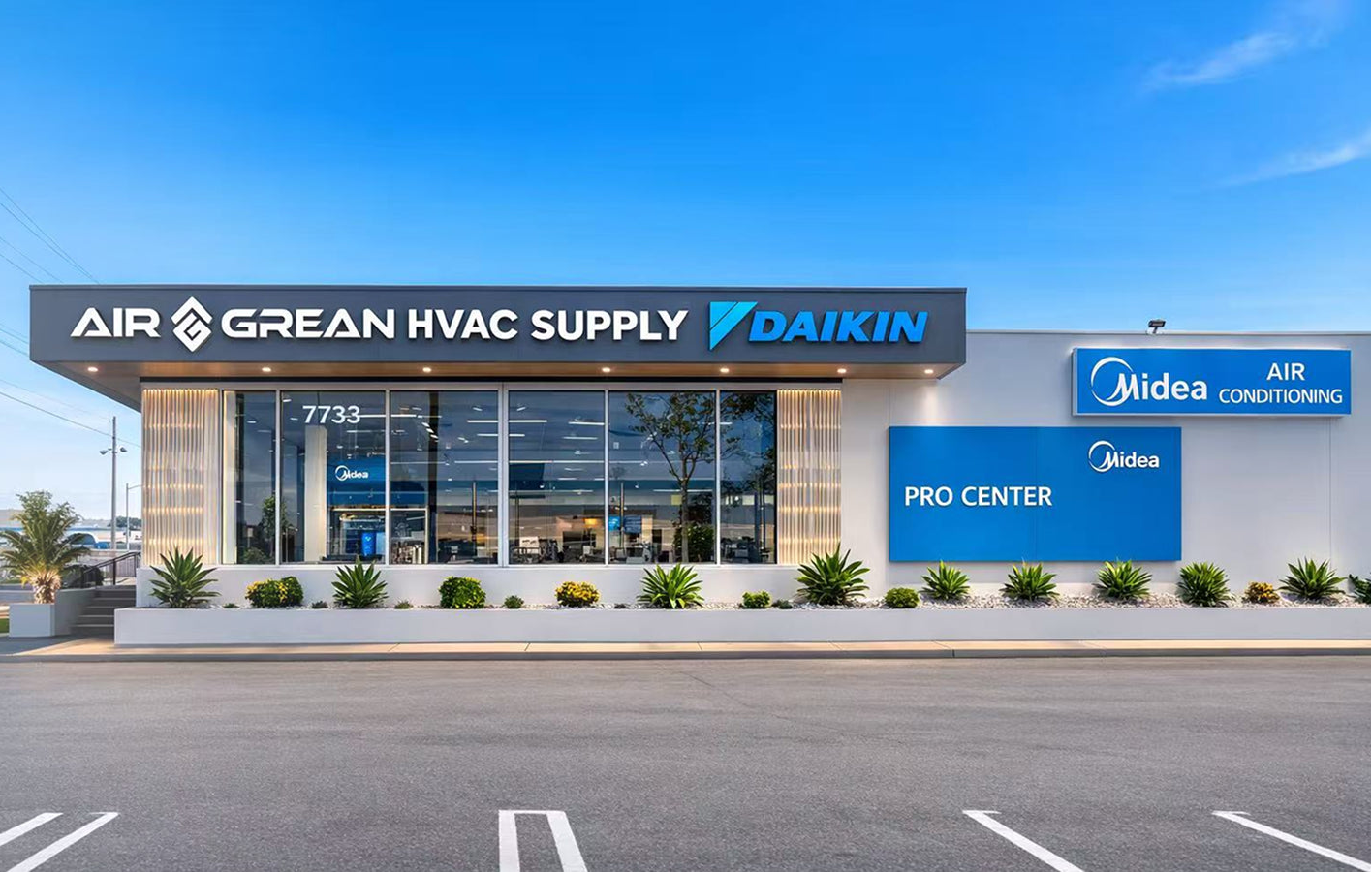 Air Green HVAC Supply building with Daikin and Nidec branding.
