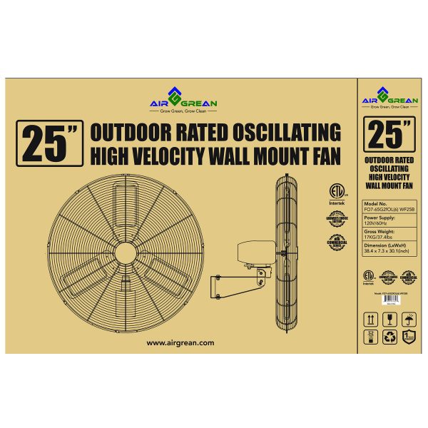 AirGrean Outdoor Rated Oscillating High Velocity Wall Mount Fan 25″